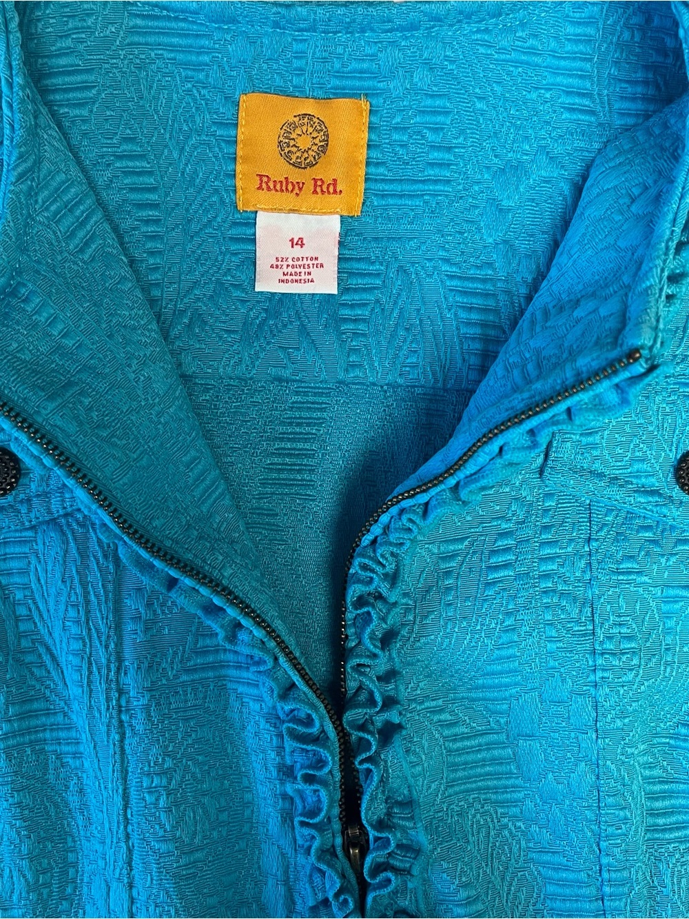 Ruby Rd. Turquoise Ruffle-Trim Blazer Jacket Zipper Size 14 - Picture 3 of 10